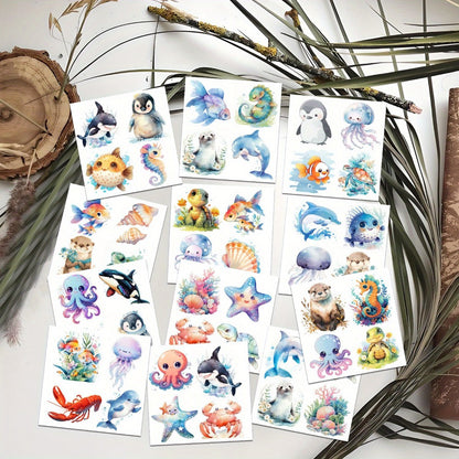 Temporary Tattoo Stickers Ocean Animals Underwater World Cartoon Cute Sea Creatures Vibrant Body Art for Kids Adults Birthday Party Summer Beach 12 Sheets 48 Designs