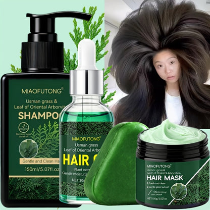 Hair Care Set 4pcs - 10-in-1 Shampoo, Conditioner, Hair Oil & Hair Mask with Usman Grass & Platycladus Extract | Strengthens, Cleanses & Restores Healthy Hair