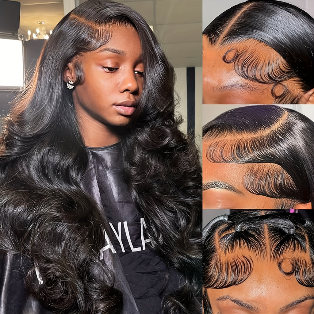 28" Long Glueless Lace Front Wig - 250% Density Natural Black Body Wave Human-like look, Heat Resistant Synthetic Hair with 13x4 HD Transparent Lace Closure, No Glue Needed for Women, Everyday & Special Events, Synthetic Lace Front Wig
