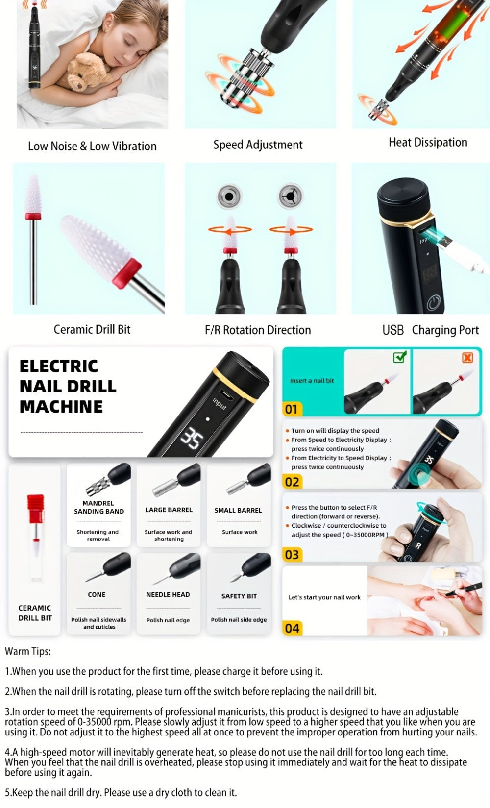Electric Nail File with a Portable Rechargeable Design, Featuring 35000 RPM, Suitable for Gel Nails, Manicure, And Pedicure for Both Home And Salon Use