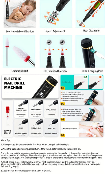 Electric Nail Drill Machine 35000 RPM Portable Rechargeable Nail File for Gel Nails Acrylic Manicure Pedicure Home Salon Professional Nail Grinder with LCD Display