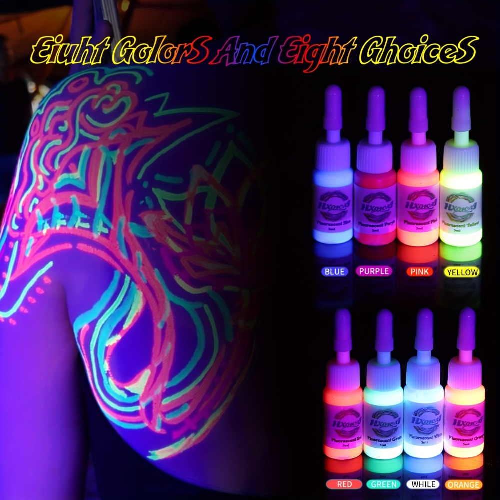 UV Fluorescent Tattoo Ink Kit 8 Colors Glow Under Blacklight - Safe Non-Toxic 5ml Bottles Professional Body Art Ink Set Vibrant Neon Colors