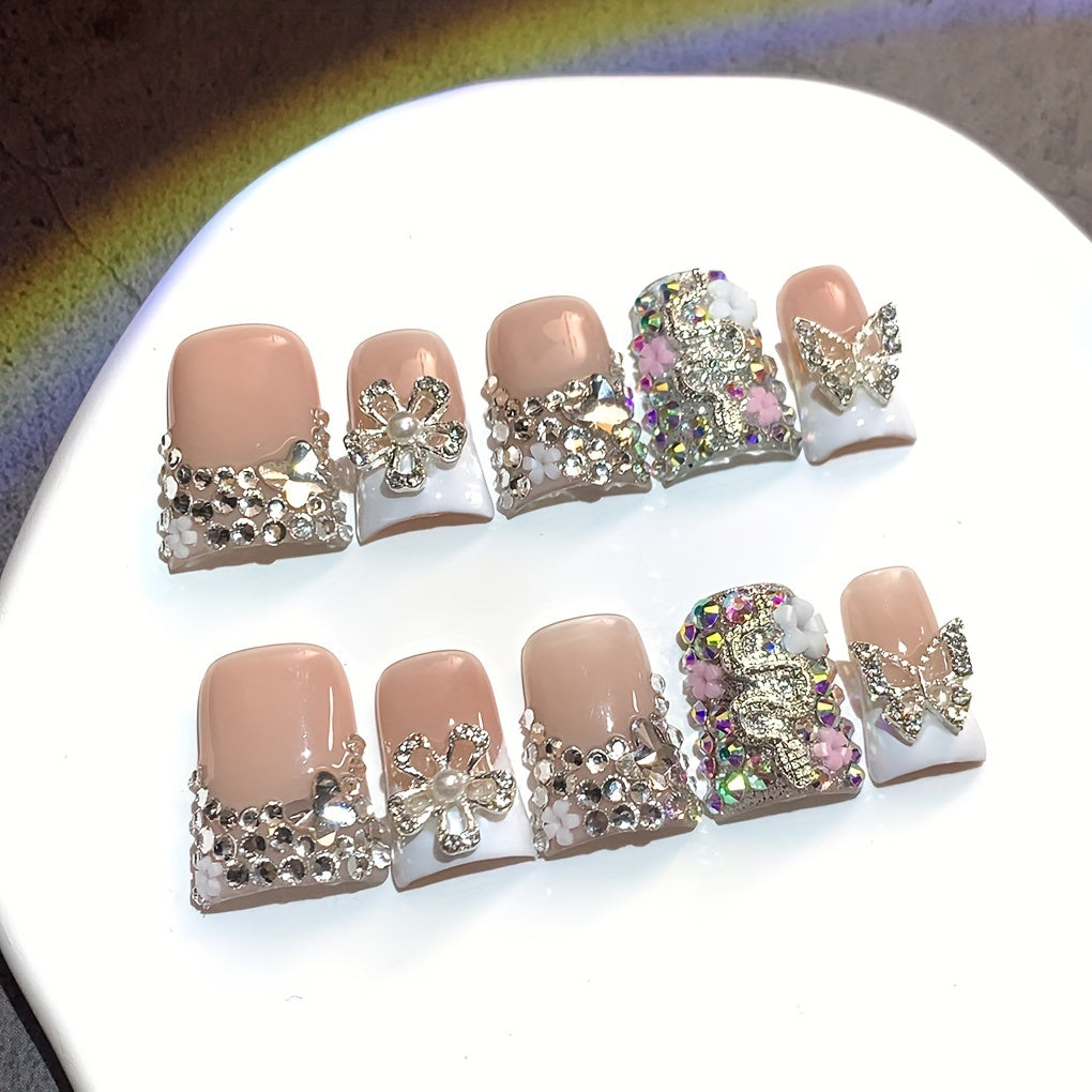 10pcs Ugly Cute Duckbill White French-Style Press-On Nails with Colorful AB Nail Art Accessories,, and Floral Elements, Handmade Full-Cover Press-On Fake Nails, Suitable for Daily Use, Parties, and Birthday Gifts