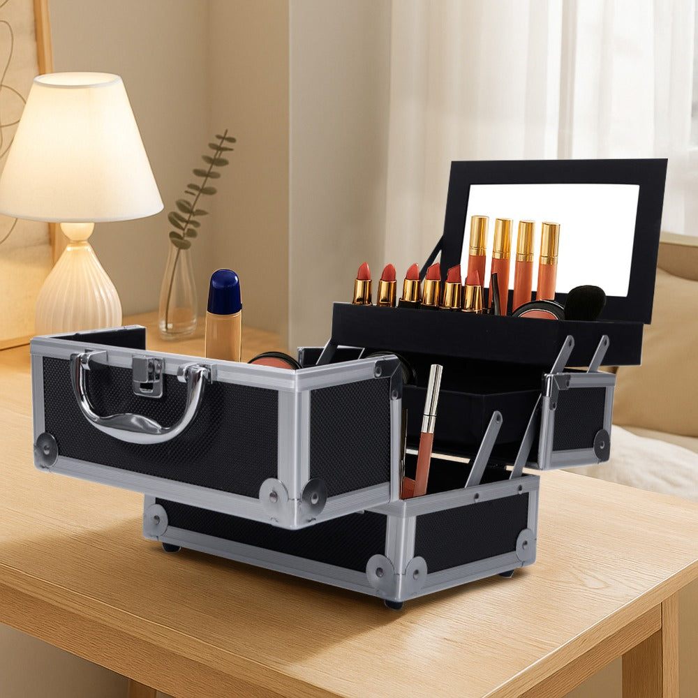 Professional Makeup Train Case, Large Capacity Aluminum Cosmetic Trolley Organizer, Portable Jewelry Storage Box with Adjustable Dividers & Lockable Keys, Travel Makeup Artist Tool Box