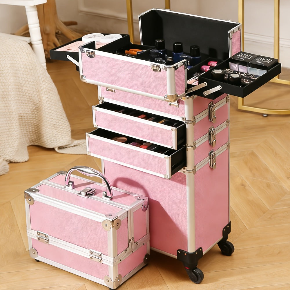 [With Wheels] 4in 1 Aluminum Cosmetic Professional Makeup Case Tattoo Box, Extra Large Cosmetic Case Rolling Makeup Case Trolley Makeup Travel Organizer with 360° Swivel Wheels Pink Black