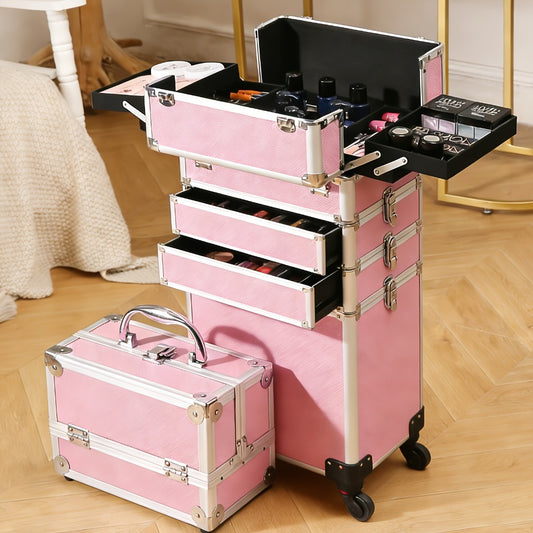 [With Wheels] 4in 1 Aluminum Cosmetic Professional Makeup Case Tattoo Box, Extra Large Cosmetic Case Rolling Makeup Case Trolley Makeup Travel Organizer with 360° Swivel Wheels Pink Black