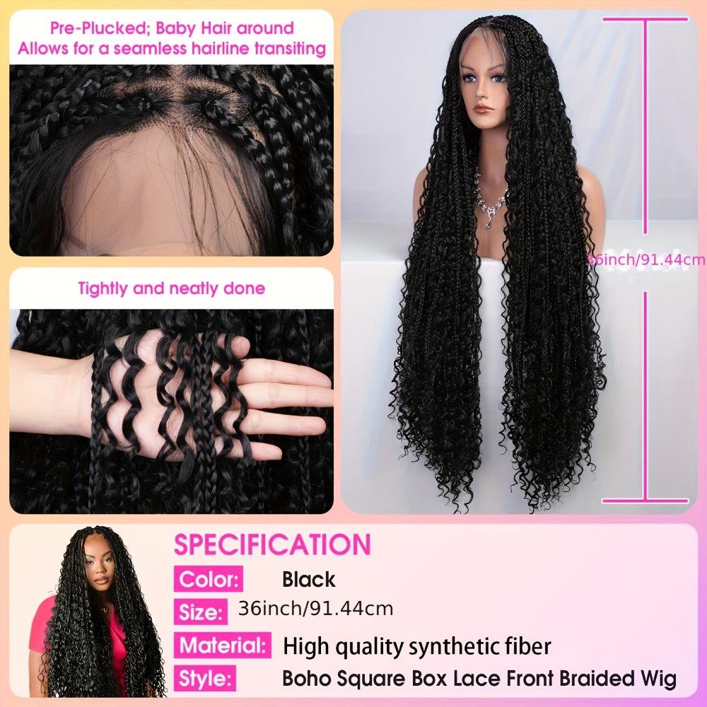Bohemian Box Braids Wig 360 Full Lace Knotless Goddess Braided Wig for Women 36 Inch Synthetic Hair Natural Black Honey Blonde Burgundy Lightweight Breathable Daily Party
