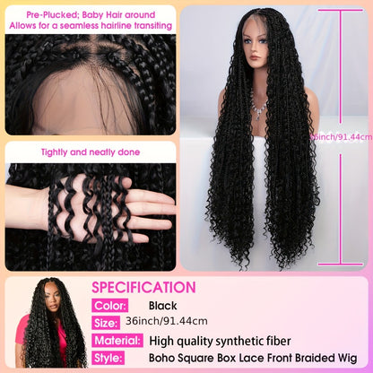 Bohemian Box Braids Wig 360 Full Lace Knotless Goddess Braided Wig for Women 36 Inch Synthetic Hair Natural Black Honey Blonde Burgundy Lightweight Breathable Daily Party