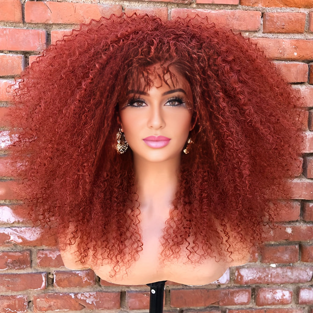 Afro Bomb Curly Wig with Bangs Synthetic Fiber Glueless Long Kinky Curly Hair Wigs, Machine Made Glueless Heat Resistant Synthetic African Wig Ombre Blonde Mixed Color Afro Wigs with Highlight Brown Blonde Red Black Color for Choice