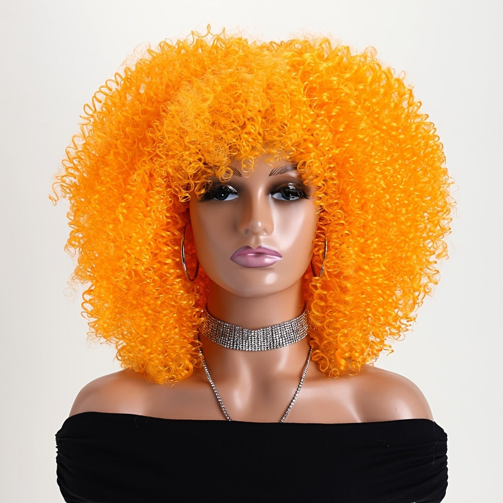 Afro Kinky Curly Wig Synthetic Short 16 Inch — 18 Colors, Heat Resistant, Elastic Net Cap, Women's Fashion Wig for Daily Wear, Cosplay, Party & Music Festival