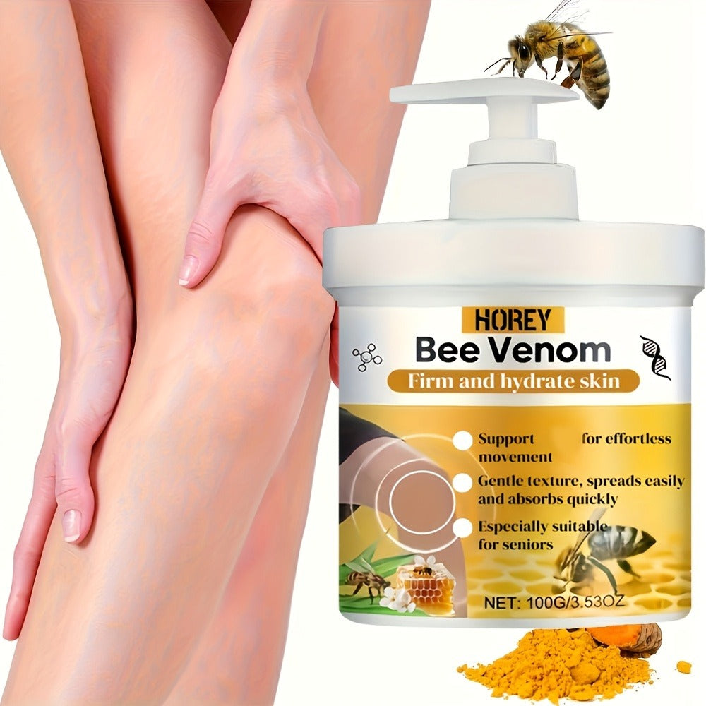 100g/3.53oz Bee Venom Massage Cream, Contains Turmeric& Arnica, Suitable For Everyone, Tightens & Moisturizes Skin, Locks In Moisture, Makes Skin Soft, Delicate, Hydrated, &Smooth, Suitable For All Skin Types.