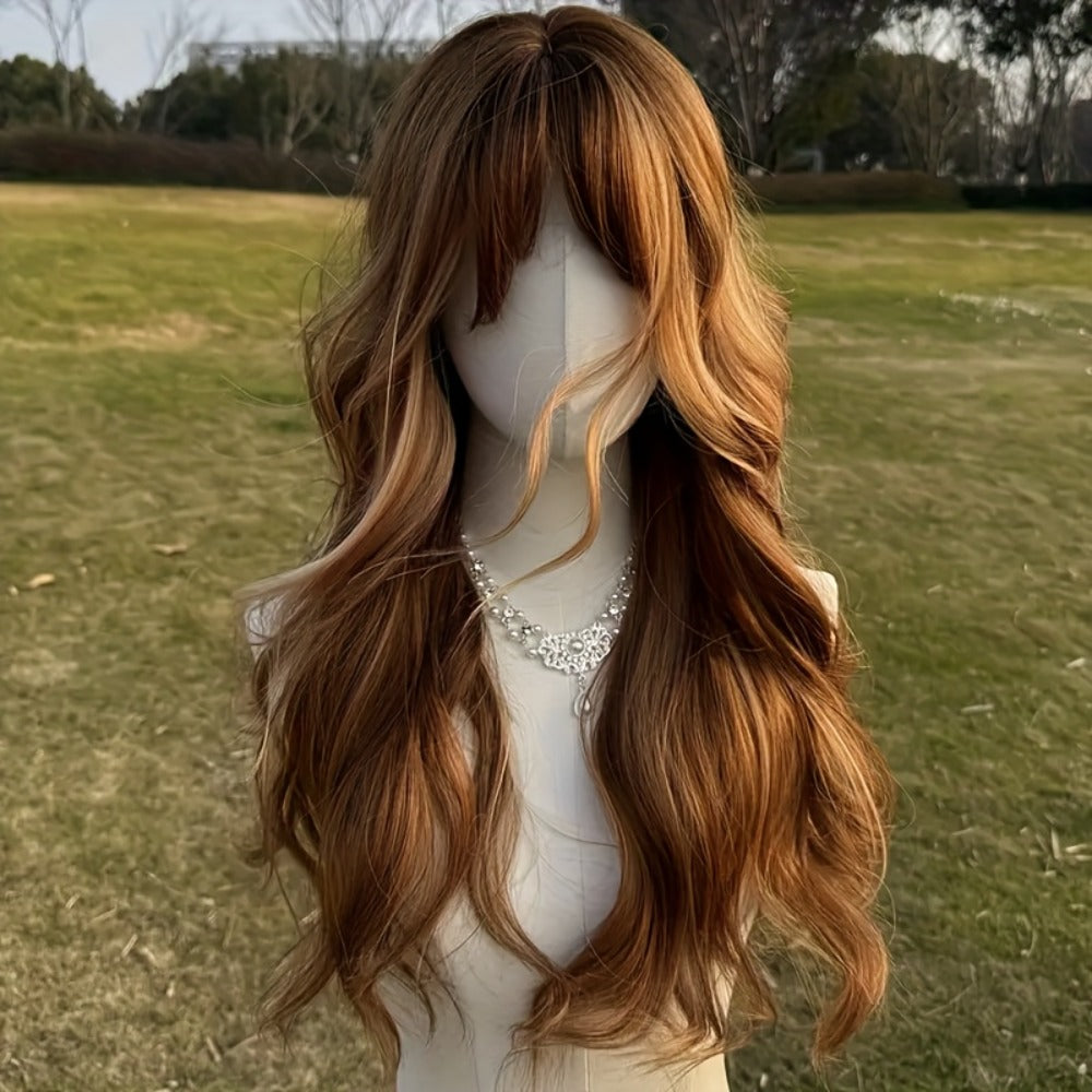 Body Wave Wig with Bangs Synthetic Hair 24 Inch Light Brown Golden Highlights Rose Net Cap Heat Friendly Natural Volume Long Wavy Wig Women Daily Wear Party Cosplay