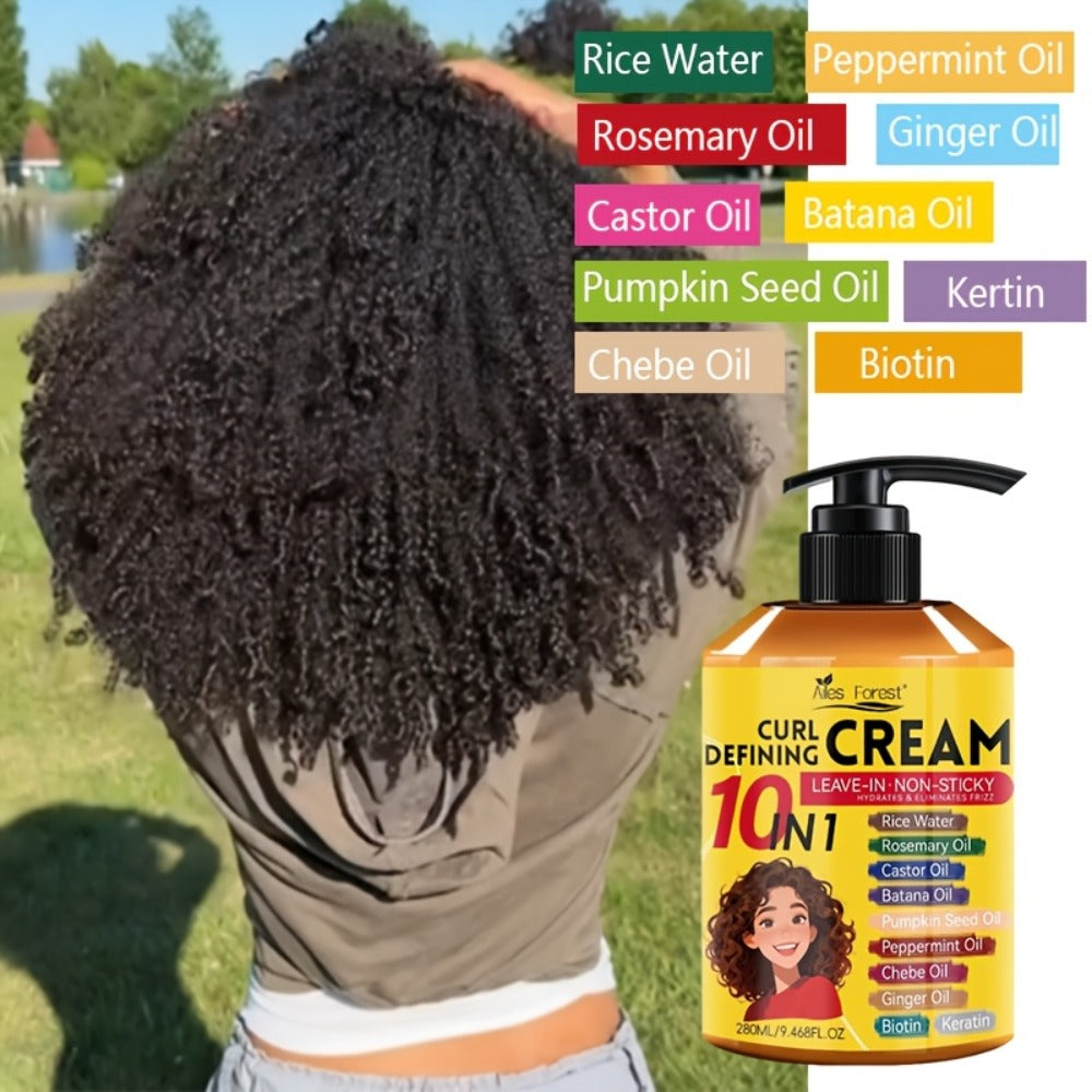 Curl Defining Cream Leave-In Moisturizing Styling Cream 10-in-1 Anti-Frizz Hydrating Conditioner for Curly Wavy Natural Hair Unisex 280ml
