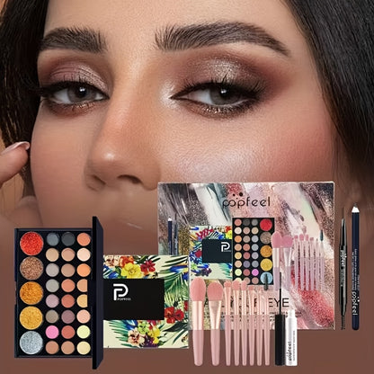 Full Makeup Gift Set — Complete Kit with Eyeshadow Palette Mascara Eyebrow Pencil Highlighter Powder & Brushes | Berry Tones | All Skin Types