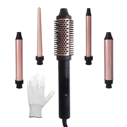 Curling Iron Set 5 in 1 with Interchangeable Ceramic Barrels Professional Hair Curler Wand Styling Kit Heat Brush Long Lasting Waves Curls for Women All Hair Types Includes Gloves & Clips