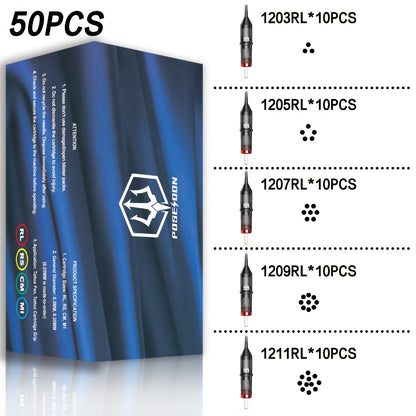 Round Liner Tattoo Cartridge Needles 50pcs Assorted Mix - #10 Bugpin & #12 Standard 3RL 5RL 7RL 9RL 11RL Disposable Membrane Safety Long Taper for Tattoo PMU V2