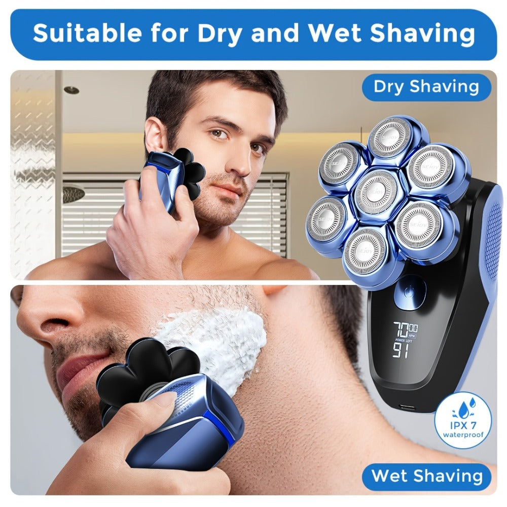 Head Shaver for Bald Men 7D Waterproof Wet Dry Electric Razor 5-in-1 Grooming Kit Type-C Rechargeable 6500-7500RPM Rotary Shaver with Nose Hair Trimmer