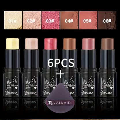3-in-1 Multifunctional Makeup Sticks 6pcs — Waterproof Blush Eyeshadow & Touch-Up Sticks, All-Day Moisturizing Glossy Shimmer, Multi-Color Natural Face Makeup Set