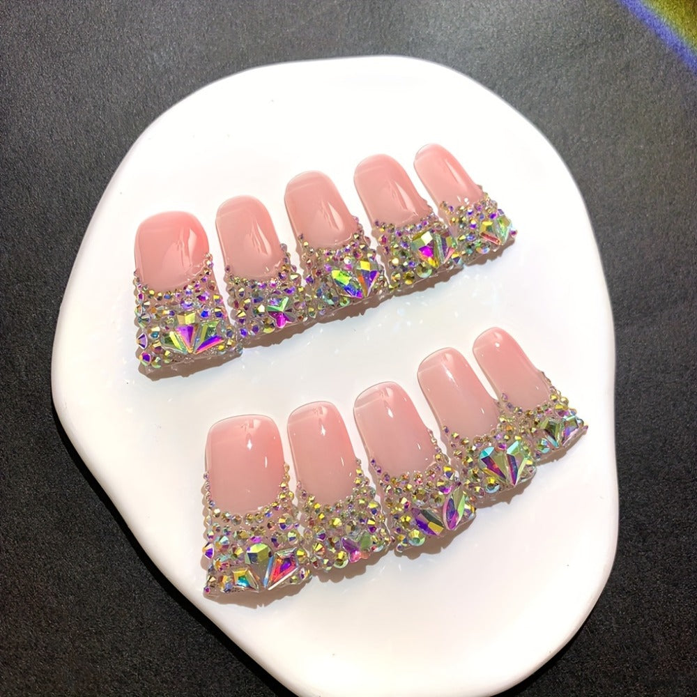 Nail Tips Press On Duckbill French AB Diamond Shiny – Nude Color Long Handmade Wearable Nails | 10pcs Set with Tools for School, Party, Date & Wedding, S/M/L