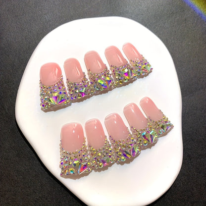 Nail Tips Press On Duckbill French AB Diamond Shiny – Nude Color Long Handmade Wearable Nails | 10pcs Set with Tools for School, Party, Date & Wedding, S/M/L