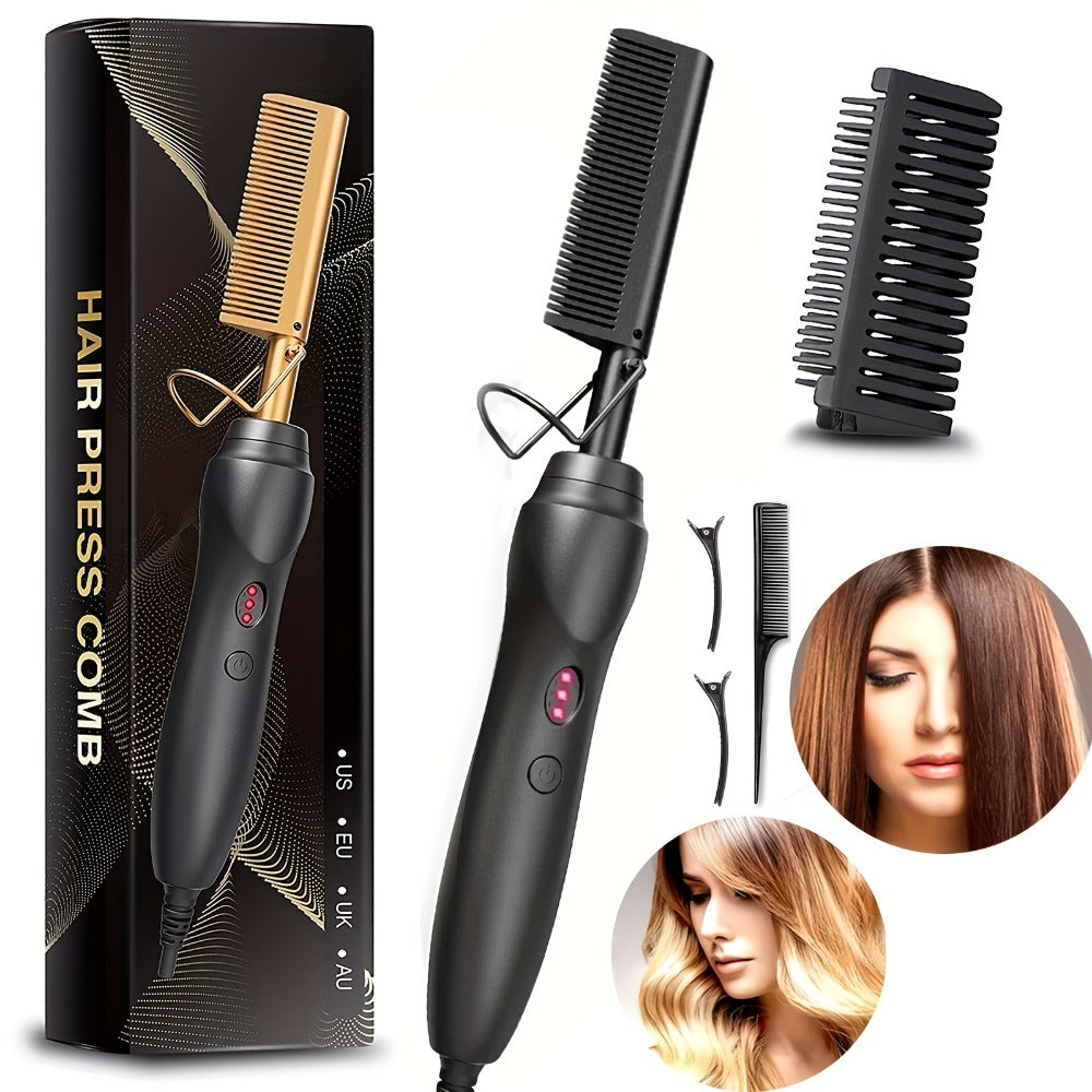 Hot Comb Hair Straightener, Electric Comb, Portable Travel Anti-Burn Beard Straightener Press Comb Ceramic Curler Flat Curler