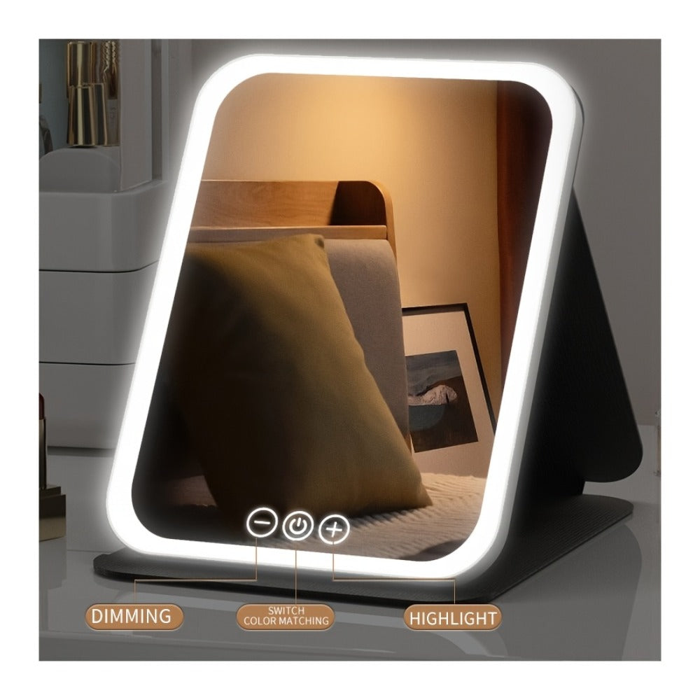 LED Makeup Mirror Folding with Touch Screen - USB Rechargeable Portable Vanity Mirror, Tri-Color Dimmable Lighting, Travel Desk Tabletop Use, Square or Round, Pink or White
