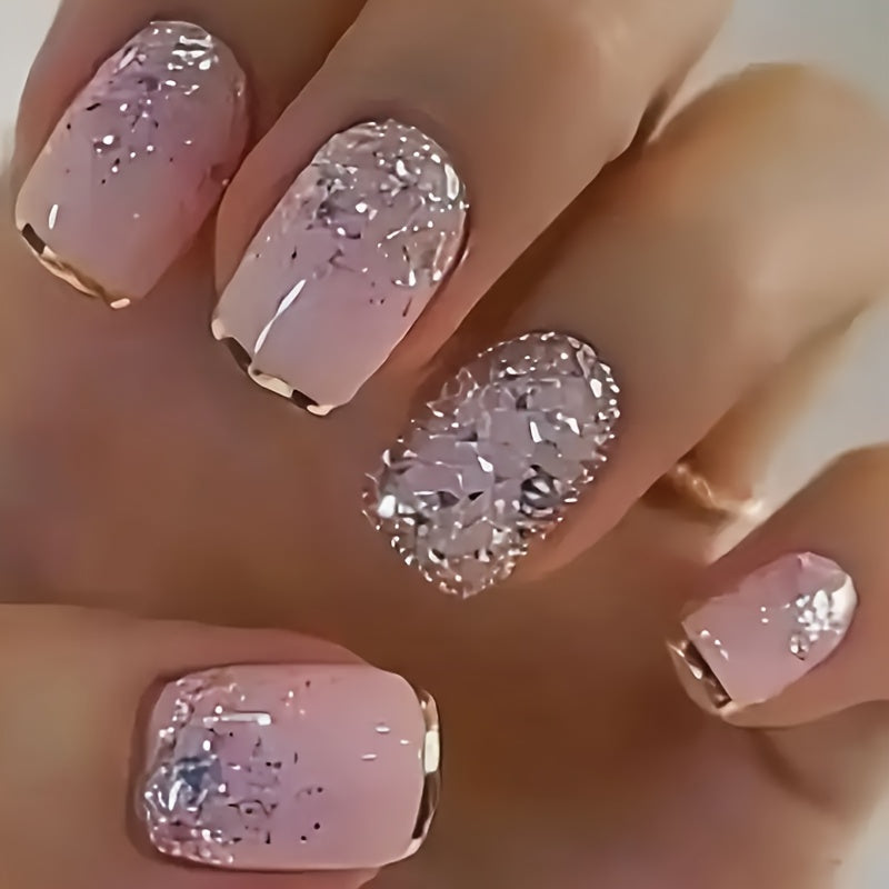 216pcs (9 Boxes) Short Square Summer White French Style Simple Gradient Glitter Heart Soft Gel Press-On Nails Full Cover Fake Nail Set for Women & S