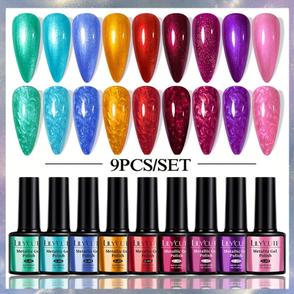 LILYCUTE 0.24oz 9pcs Metallic Gel Polish Nail Polish Soak Off LED Glitter Gel Nail Art Supplies Glittery Red Purple Color Gel Polish Kit