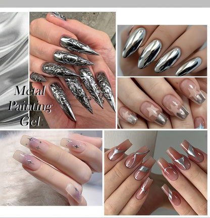 Nail Art Painting Gel Metal Effect 0.24oz with Brush Soak Off UV LED Mirror Metallic Silver Line Drawing Gel Polish for Flower Nail Art DIY Home Salon Manicure