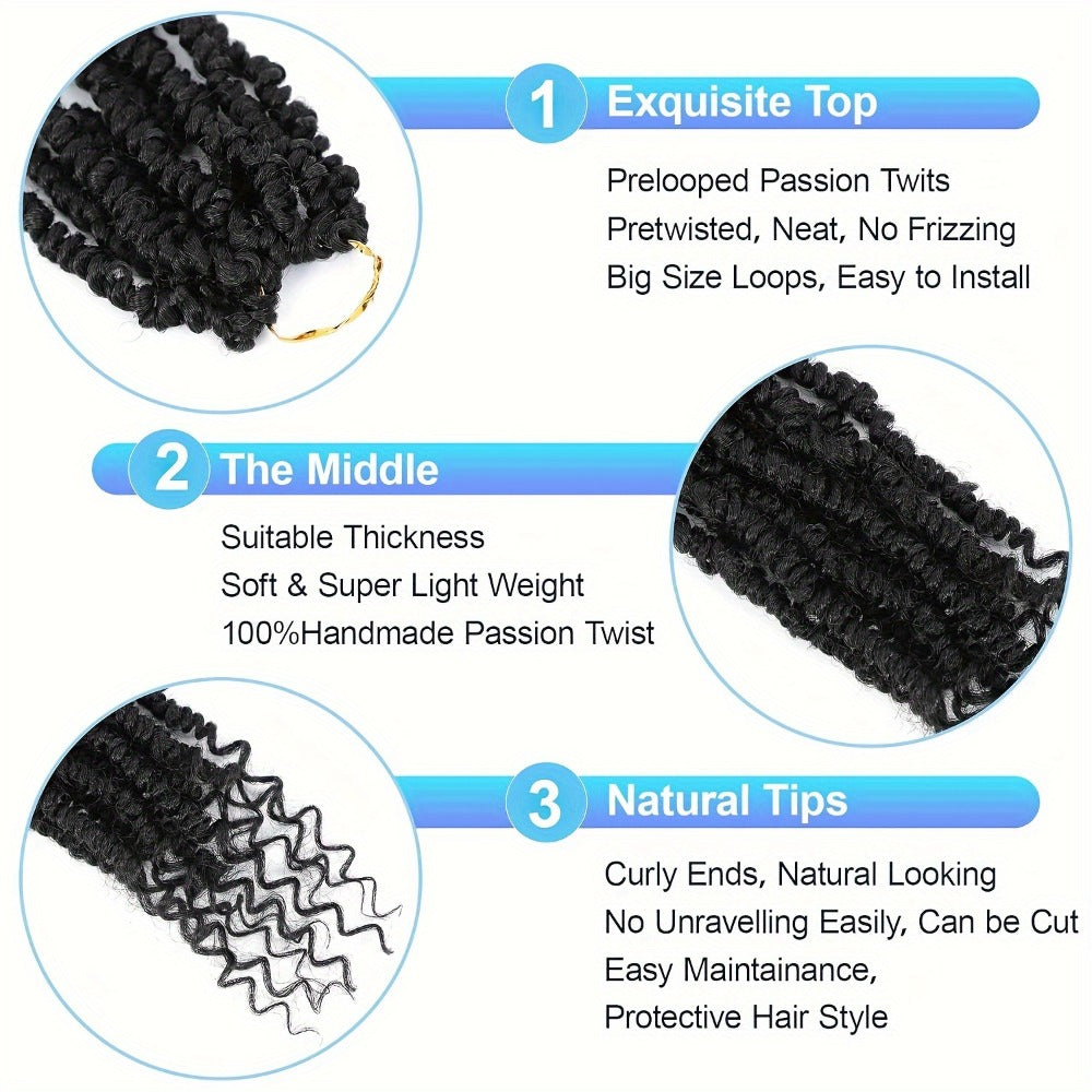 Passion Twist Crochet Hair 8 Packs Pre-Twisted Pre-Looped Curly Ends Bohemian Short Twist Braids Women 8-12 Inch 1B Natural Black Honey Blonde Auburn Burgundy Copper