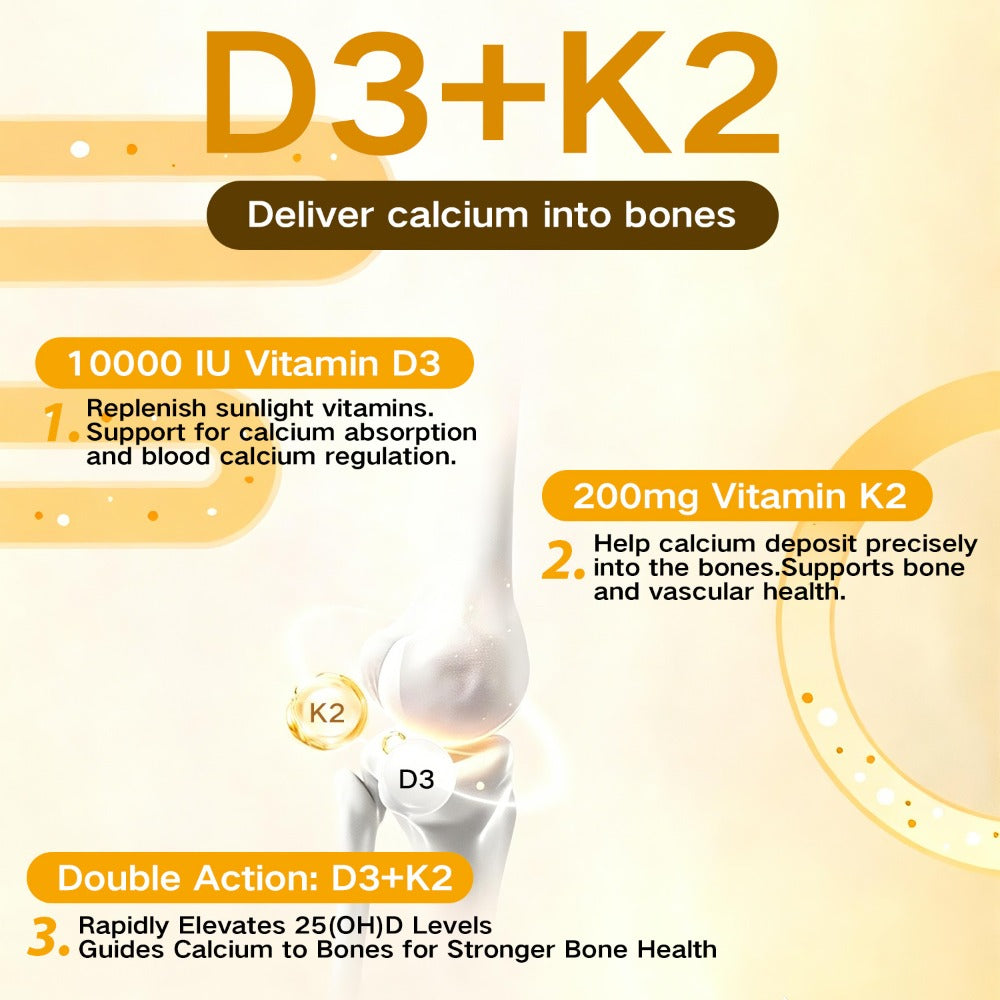 Vitamin D3 10000 IU and Vitamin K2 200 mg: Promote calcium absorption and maintain bone and heart health. Extra virgin coconut oil softgels - 90capsules.