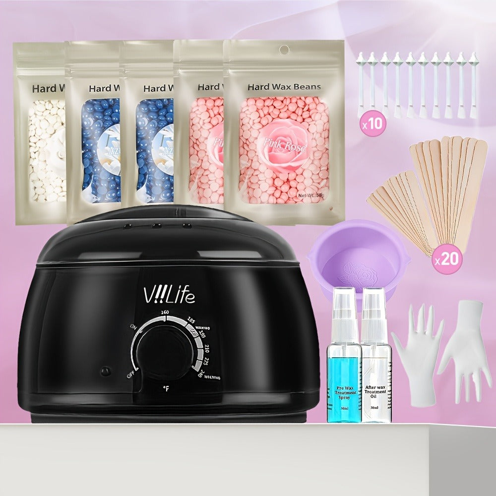 Waxing Kit Hair Removal Women Men Wax Warmer Hair Removal At Home with 5 Bags Wax Beans Body Waxing for Eyebrows Nose Cheeks Arms Bikinis (Family Kit)
