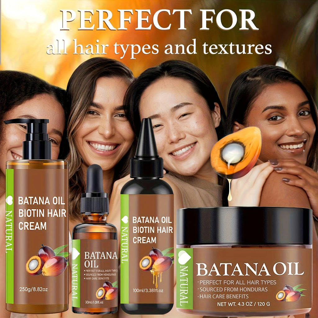 4pcs Honduran Batana Hair Oil + Batana Oil + Batana Hair Cream + Batana Hair Milk, Pure Cold-pressed Extracts For Scalp And Hair Care, With Biotin, Strengthens Hair, Prevents Breakage And Split Ends, Suitable For All Hair Types