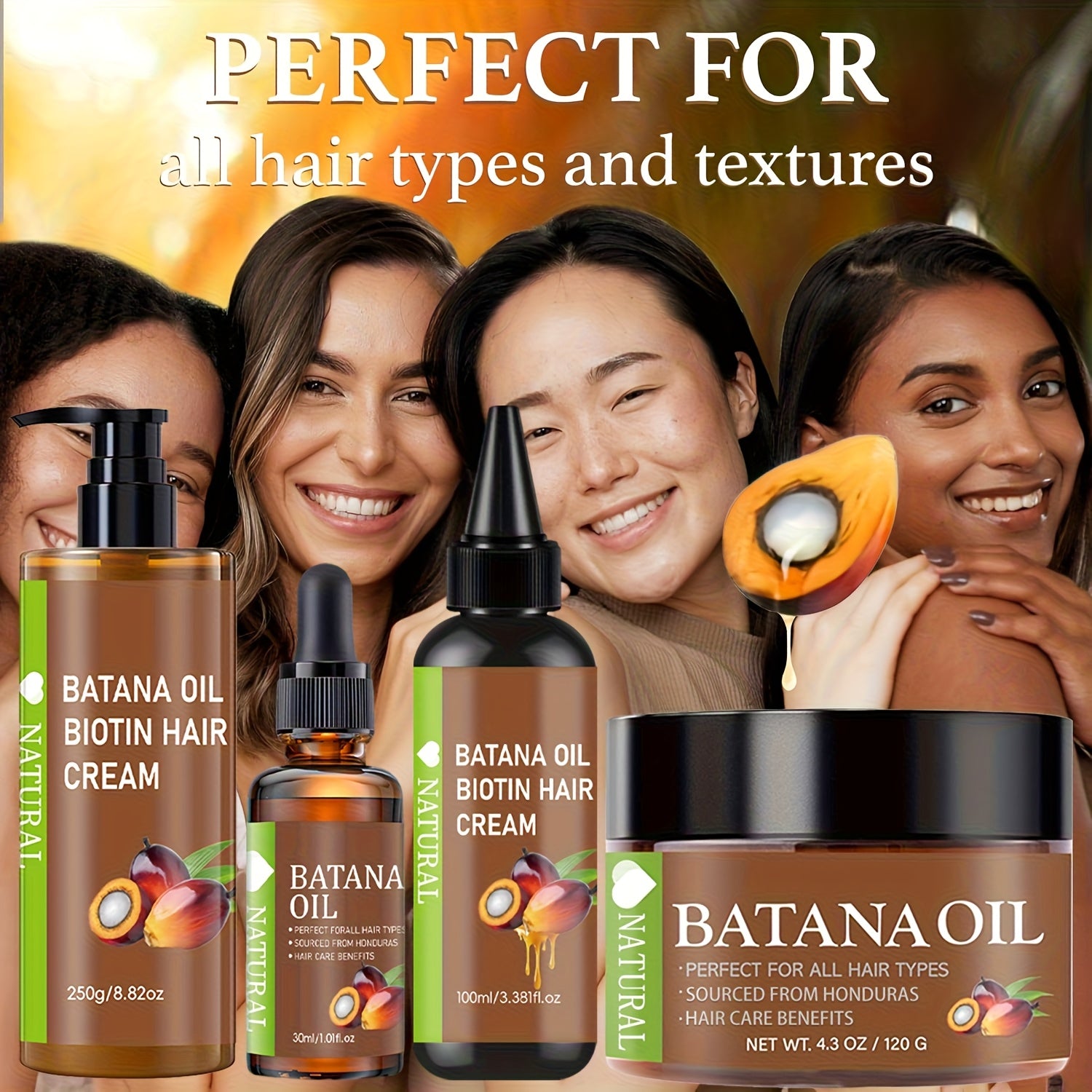 4pcs Honduran Batana Hair Oil + Batana Oil + Batana Hair Cream + Batana Hair Milk, Pure Cold-pressed Extracts For Scalp And Hair Care, With Biotin, Strengthens Hair, Prevents Breakage And Split Ends, Suitable For All Hair Types