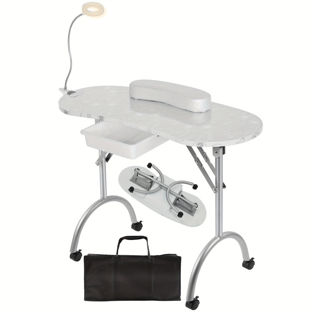 Foldable Nail Table for Manicures, Featuring a Drawer, LED Lamp, Four Lockable Wheels, And a Carrying Bag, Designed for with a Wrist Cushion