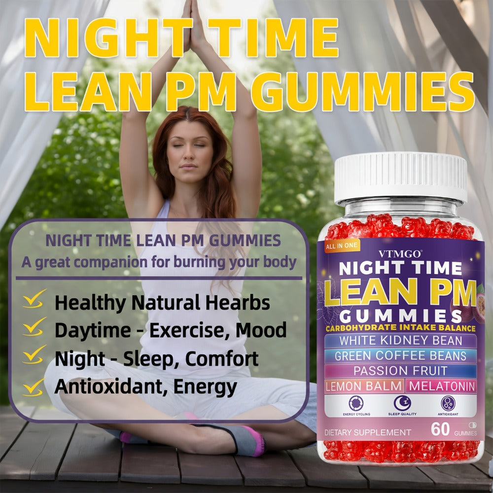 NIGHT TIME LEAN PM GUMMIES: White Kidney Beans, Green Coffee, Lemon Balm, Melatonin, Passionflower - Nature's Source Of Quiet Balance. Night Quietly Becomes The Starting Point for Health, Balance And Change.(60).(1/4/5 Bottles).Family & Holiday Gifts