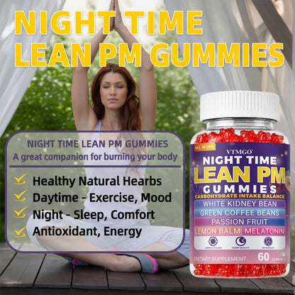 Night Time Lean PM Gummies — Melatonin, White Kidney Bean, Green Coffee, Lemon Balm & Passionflower | Sleep Support & Nighttime Wellness | Natural Quiet Balance Formula | 60 Gummies