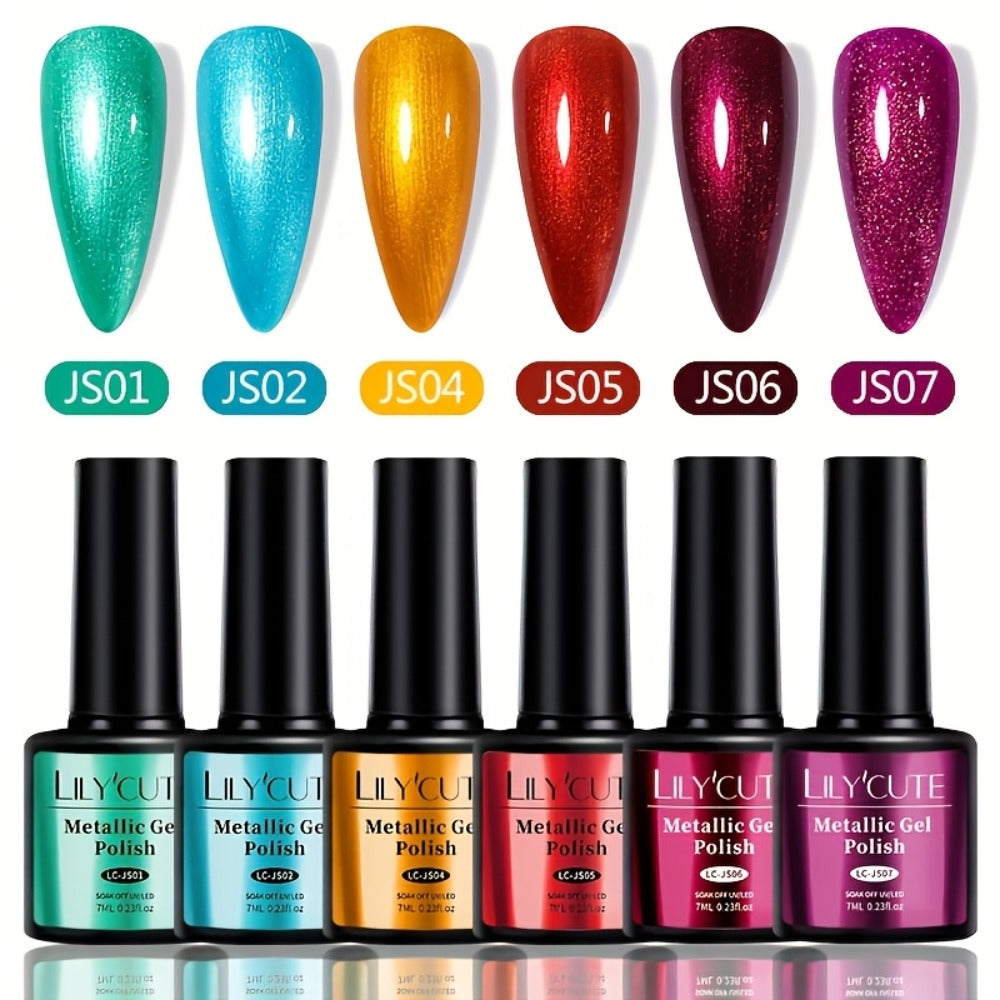 LILYCUTE 0.24oz 6pcs Metallic Gel Nail Polish Soak Off LED Glitter Gel Nail Art Supplies Glittery Red Purple Color Gel Polish Kit