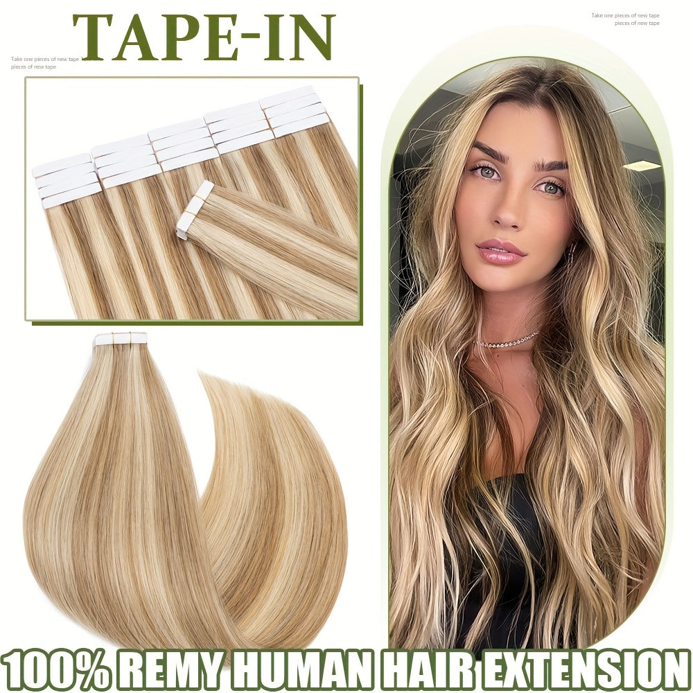 10pcs (10pcs Each) Brazilian Remy Human Hair Tape-In Extensions - Natural Straight Hair 12" 14" 16" 18" 20" 22" 24" Lengths, Invisible Tape-In Weft, 100% for Men &, Blonde/Brown/Blonde Ombre Highlights (Seamless Blending