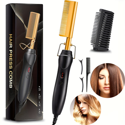 Hot Comb Hair Straightener Electric Ceramic – Portable Travel Anti-Burn Press Comb for Hair & Beard Straightening – Pink, Gold, Black, Gradient, Avocado Green