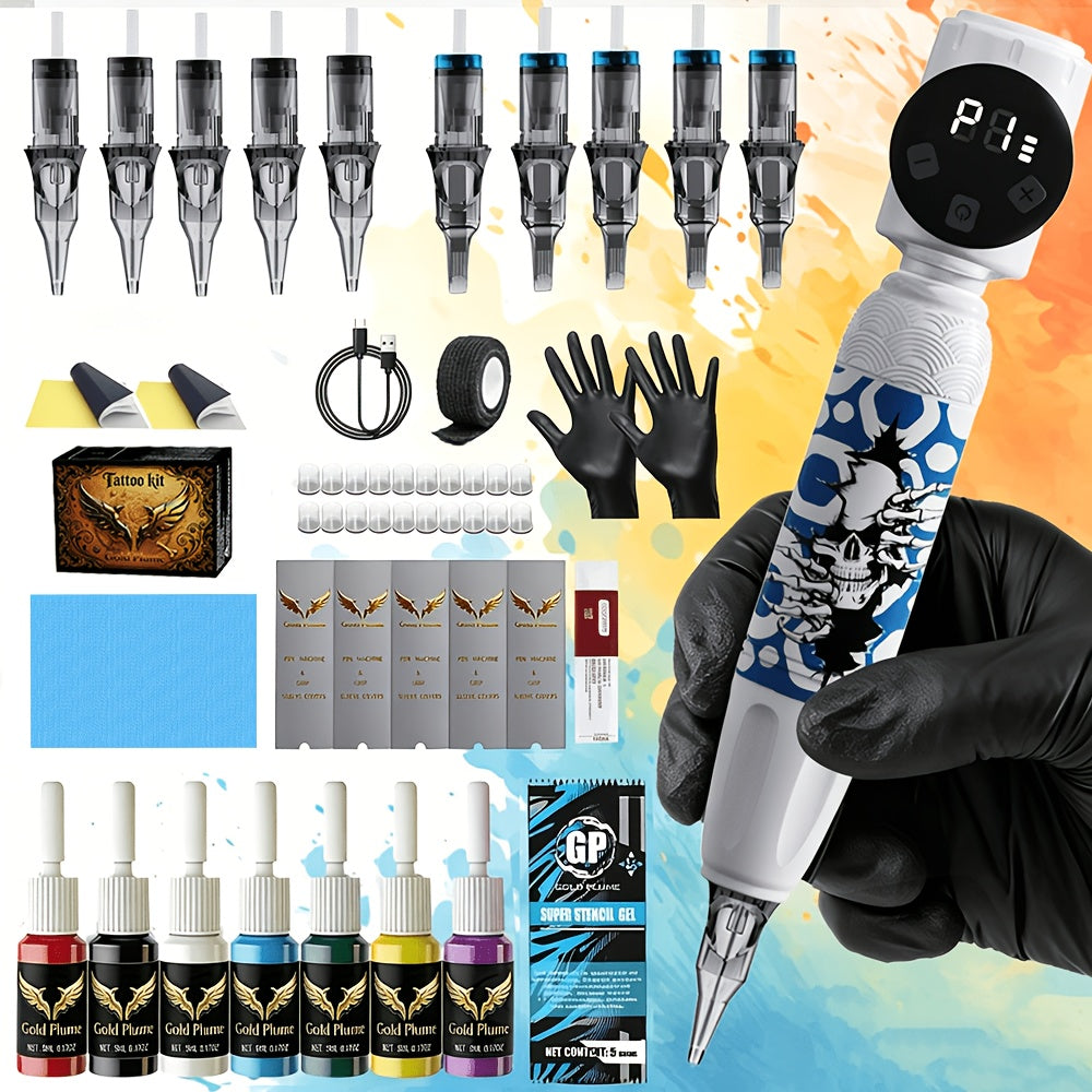 Tattoo Pen Kit GOLDPLUME Wireless Tattoo Machine Complete Set with Power Supply 10 Cartridge Needles 7 Ink Bottles Rotary Tattoo Gun Kit for Beginners & Professional Artists