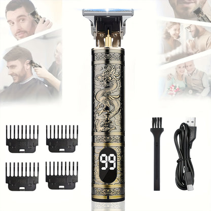T-Blade Hair Trimmer for Men - LED Display USB Rechargeable 2000mAh, Vintage Dragon & Mustache Design, 4 Combs, Cordless Precision Grooming Kit, Holiday Gift