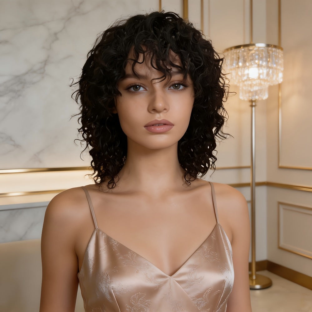 Brazilian Human Hair Wig Short Wavy Elf Cut 150% Density Lace Free Rose Mesh Cap Glueless Machine Made Wig for Women Men All Ethnicities Natural Black 10 Inch Alopecia Chemo