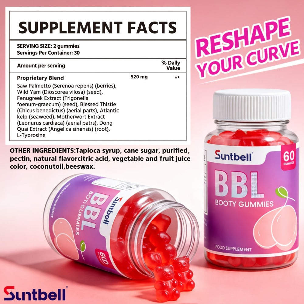 BBL Booty Gummies With Saw Palmetto And Wild Yam, Support Natural Curves, Peach Shape Hips And Feminine Silhouette, Plant-Based Formula For A Fuller, Rounder Look