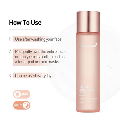 Triple Collagen Toner for Deep Hydration & Plump Skin - Medicube Korean Skincare with Hydrolyzed Atelo & Soluble Collagen - Fast Absorbing Face Toner All Skin Types 4.73 fl oz