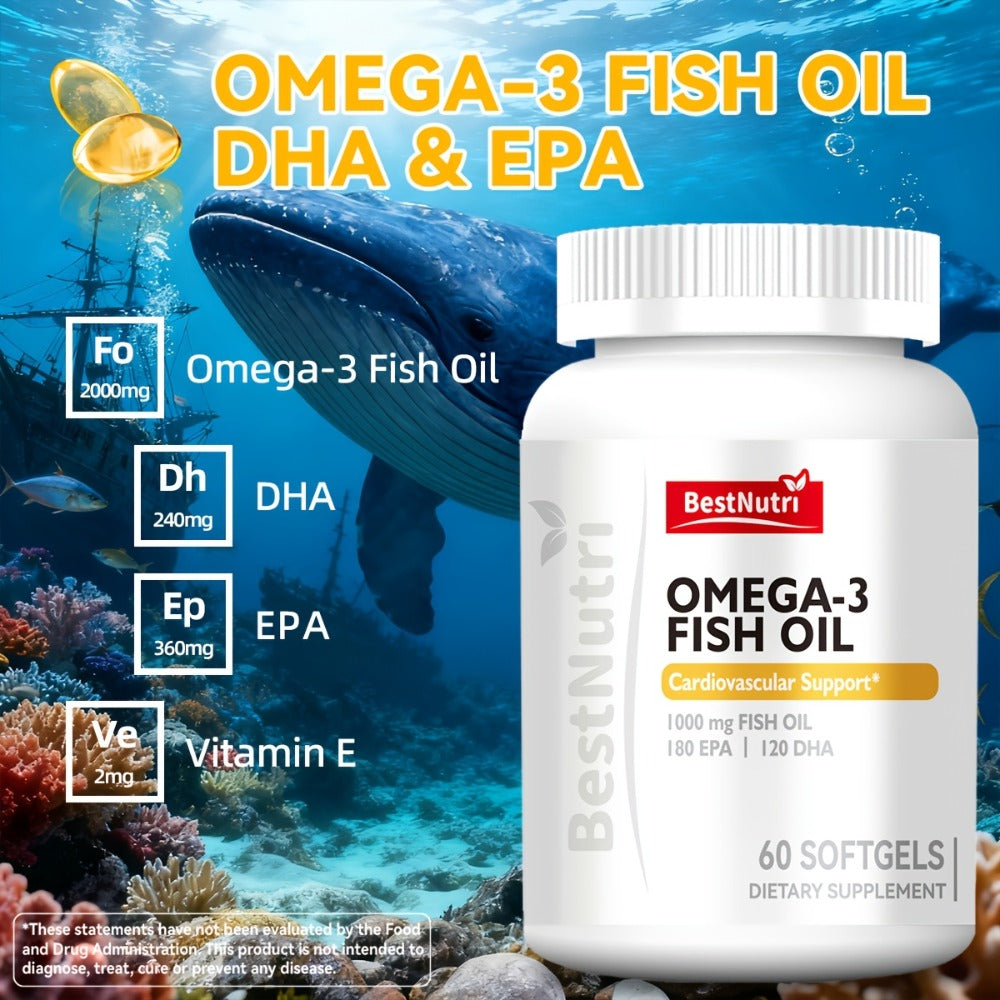 Omega-3 Fish Oil - 2000mg Per Serving, EPA & DHA for Brain Vitality & Heart Health, Cold - Extracted, CGMP, Suitable for Young Adults & Adults - Omega-3 PRO (60 Sgels); Omega-3 PRO (90 Sgels); New Upgrade (60 Sgels); New Upgrade (90 Sgels)