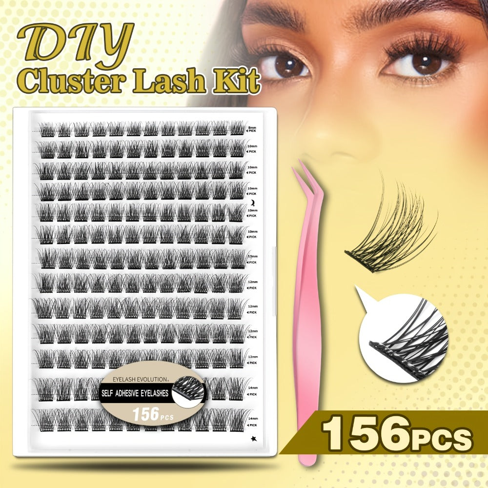 156pcs Self Adhesive Eyelashes Clusters Kit with 2 Tweezers Lash Clusters DIY Eyelashes Pre Glued Reusable No Glue Needed No Remover No Residue