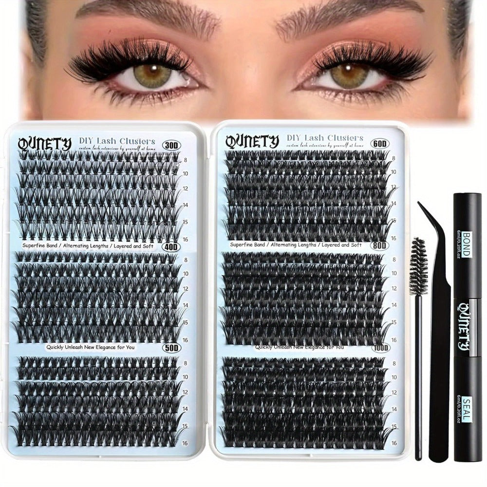 720pcs, 30D-100D Eyelash Extension Kit with Glue & Tweezers - 6 Styles/ Lengths, Lightweight Long-Lasting Cluster Lashes, No Irritation, 100% Handmade for Natural/ Volume Look
