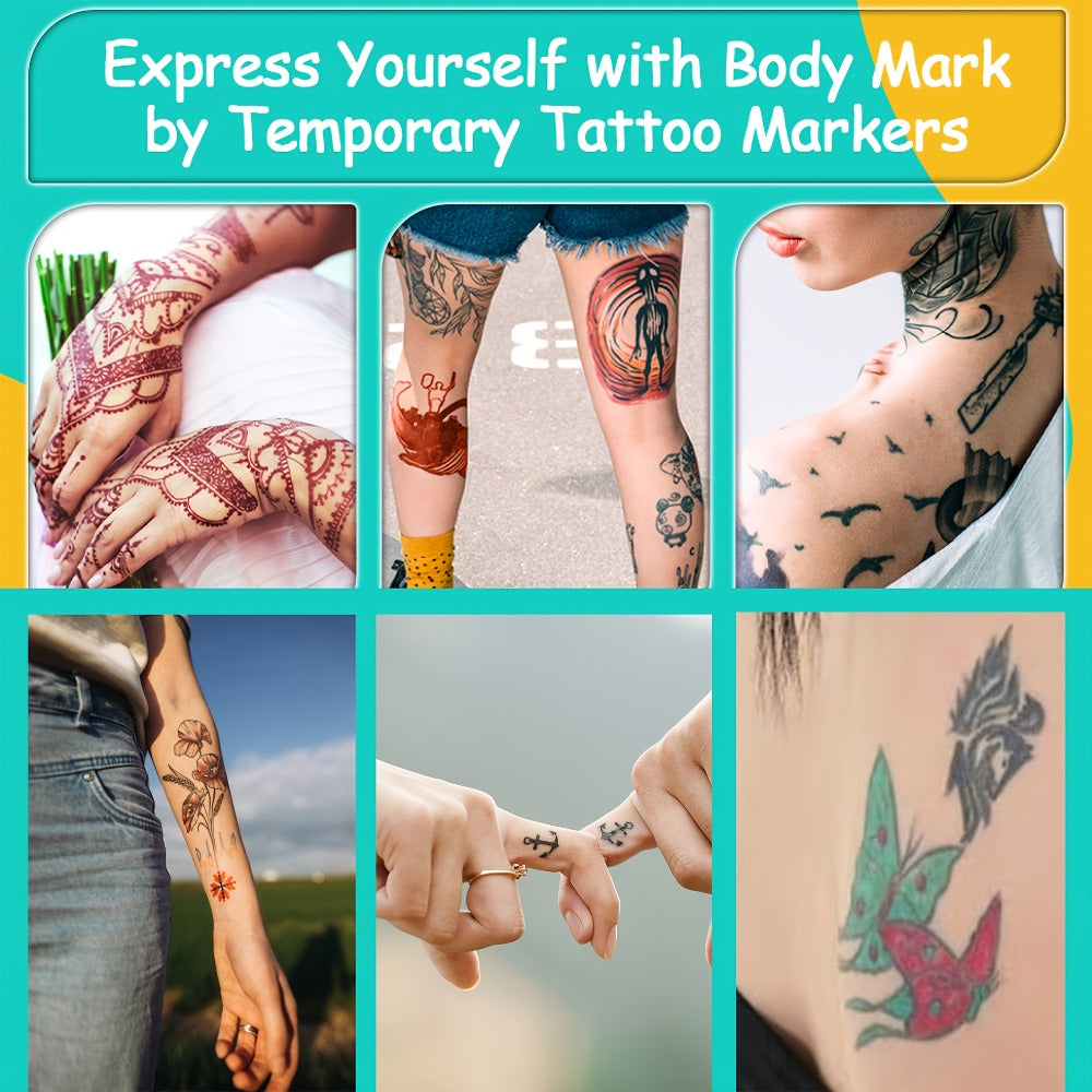 10pcs Double-ended Tattoo Pen Set + 114 Templates + Butterfly Temporary Tattoo Sticker Set Of Waterproof And Sweat-resistant Long-lasting DIY Design Tools, Easy to Remove And Washable Body Painting, The Ideal Choice for Party And Festival Gifts