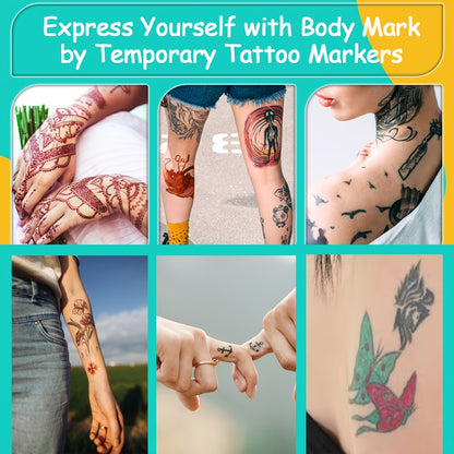 Temporary Tattoo Pen Set 10 Double-Ended Pens — 114 Templates, Butterfly Stickers, Waterproof Sweat-Resistant DIY Body Painting Kit for Parties, Festivals & Gifts